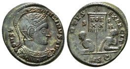 CONSTANTINE I 'THE GREAT' (307/10-337). Follis. Ticinum.
Obv: CONSTANTINVS AVG.
Helmeted and cuirassed bust right.
Rev: VIRTVS EXERCIT / PT.
Vexillum ...