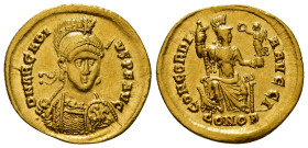 ARCADIUS (383-408). GOLD Solidus. Constantinople.
Obv: D N ARCADIVS P F AVG.
Helmeted and cuirassed bust facing slightly right, holding spear and sh...