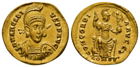 ARCADIUS (383-408). GOLD Solidus. Constantinople.
Obv: D N ARCADIVS P F AVG.
Helmeted and cuirassed bust facing slightly right, holding spear and sh...