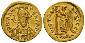 ZENO (Second reign, 476-491). GOLD Solidus. Constantinople.
Obv: D N ZENO PERP AVG.
Helmeted and cuirassed bust facing slightly right, holding spear...