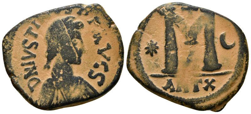 JUSTINIAN I (527-565). Follis. Antioch.
Obv: D N ISTINISAVN P P AVG Ƨ.
Diademed,...