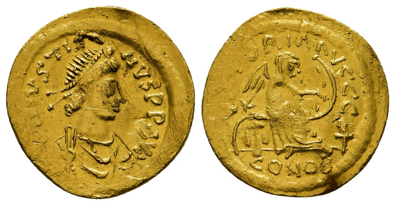 JUSTINIAN I (527-565). GOLD Semissis. Constantinople.
Obv: D N IVSTINIANVS P P ...