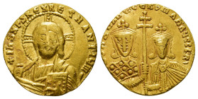 CONSTANTINE VII PORPHYROGENITUS with ROMANUS II (913-959). GOLD Solidus. Constantinople.
Obv: + IҺS XPS RЄX RЄGNANTIЧM.
Facing bust of Christ Pantokra...