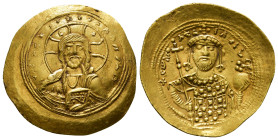 CONSTANTINE IX MONOMACHUS (1042-1055). GOLD Histamenon Nomisma. Constantinople.
Obv: + IҺS XIS RЄX RЄGNANTIҺM.
Facing bust of Christ Pantokrator.
Rev:...
