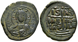 ANONYMOUS FOLLES. Class A1. Attributed to John I (969-976). Follis.
Obv: + ЄMMANOVH / IC - XC.
Facing bust of Christ Pantokrator.
Rev: + IS XS / ЬASIL...