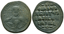 ANONYMOUS FOLLES. Class A2. Attributed to Basil II & Constantine VIII (976-1025). Follis. Constantinople.
Obv: + ЄMMANOVHΛ / IC - XC.
Facing bust of C...