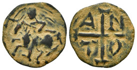 CILICIAN ARMENIA. Royal. Levon I, 1198-1219. Follis 1,10 g - 17,25 mm Sis, but intended for circulation in Antiochia. Early 13th century. Knight on ho...