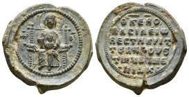 Byzantine Seals.
Seal (Lead, 11,85 g - 24,81 mm
Basileios vestes
Armeniakoi
MHP-ΘV ('Mother of God') The Virgin Mary seated facing on a throne, ni...