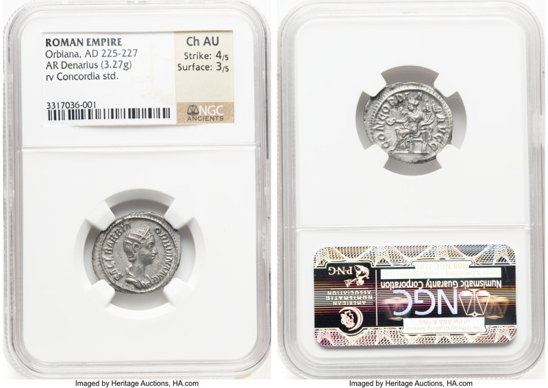 Orbiana (AD 225-227). AR denarius (21mm, 3.27 gm, 6h). NGC Choice AU 4/5 - 3/5. ...