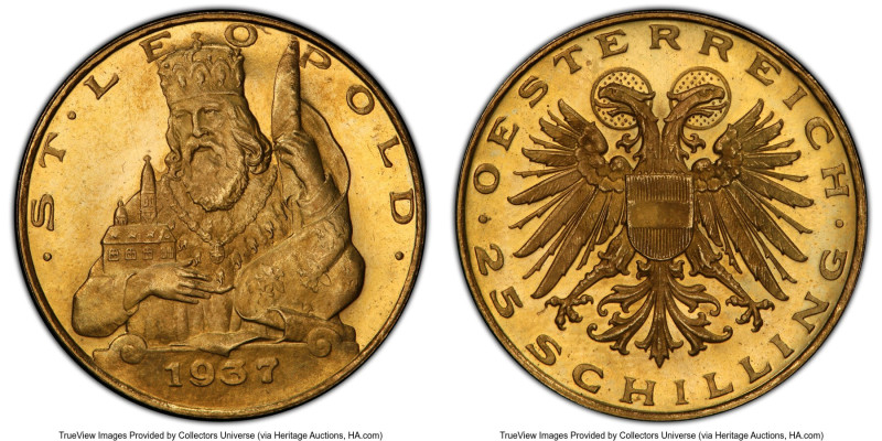 Republic gold Prooflike 25 Schilling 1937 PL66 PCGS, Vienna mint, KM2856. Highes...