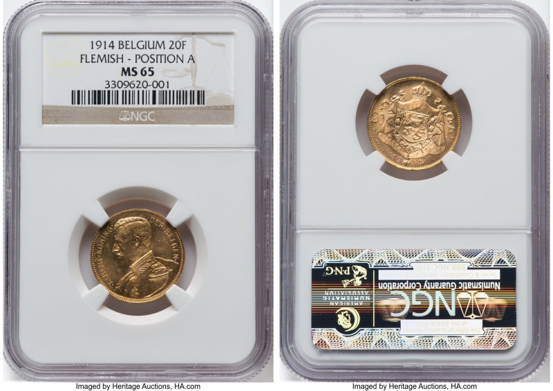 Albert I gold 20 Francs 1914 MS65 NGC, Brussels mint, KM79, Fr-422. Flemish lege...