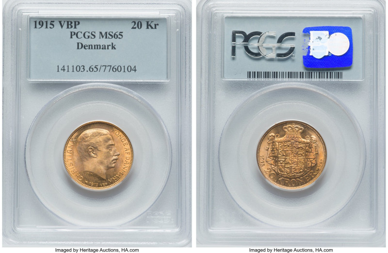 Christian X gold 20 Kroner 1915 (h)-VBP MS65 PCGS, Copenhagen mint, KM817.1, Fr-...