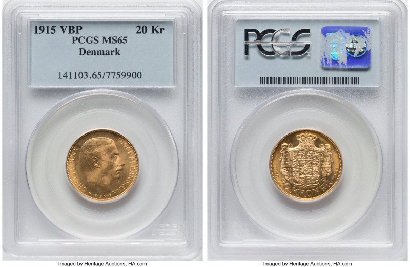 Christian X gold 20 Kroner 1915 (h)-VBP MS65 PCGS, Copenhagen mint, KM817.1, Fr-...