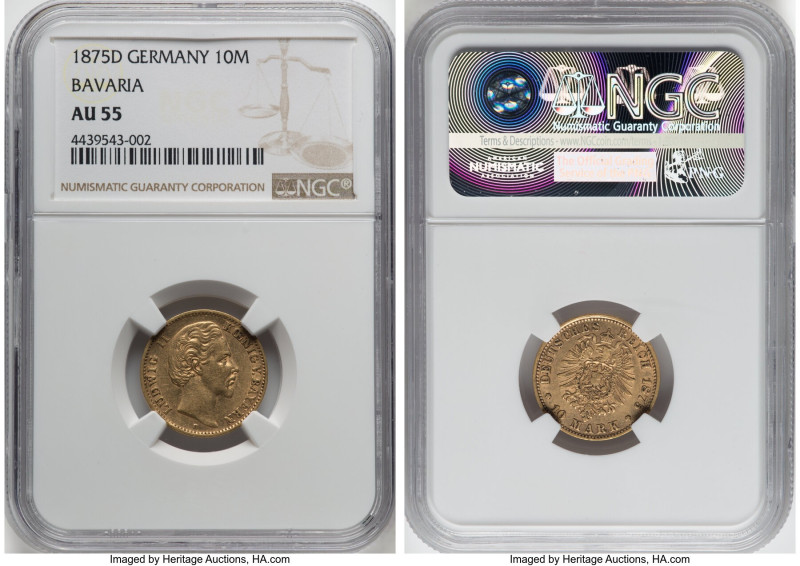 Bavaria. Ludwig II gold 10 Mark 1875-D AU55 NGC, Munich mint, KM898, J-196. HID0...