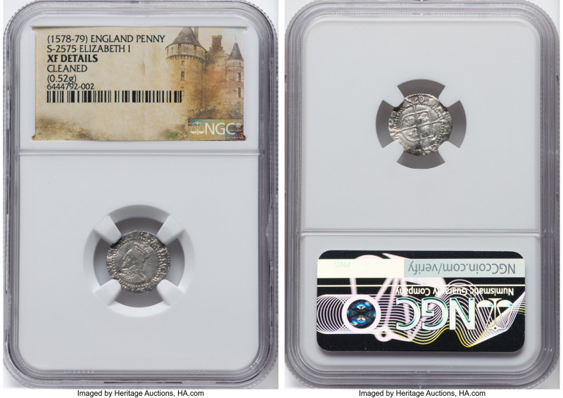 Elizabeth I (1558-1603) Penny ND (1578-1579) XF Details (Cleaned) NGC, Tower min...