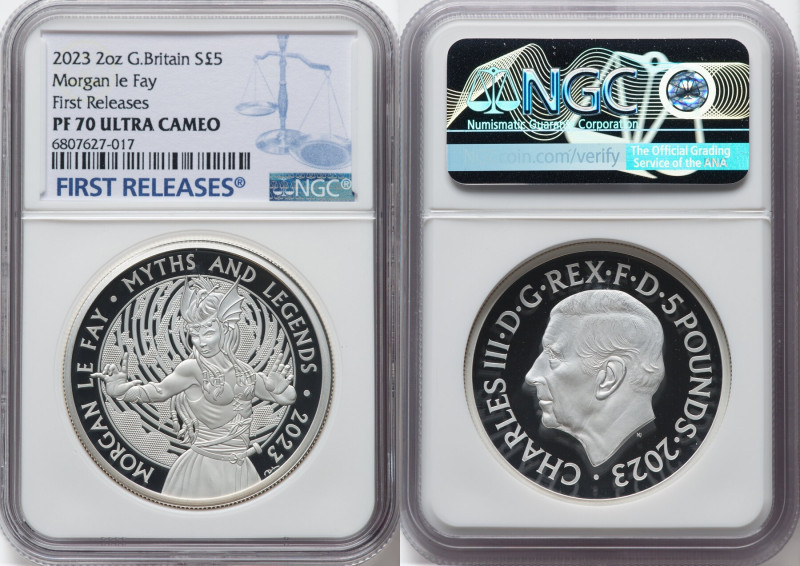 Charles III silver Proof "Morgan le Fay" 5 Pounds (2 oz) 2023 PR70 Ultra Cameo N...