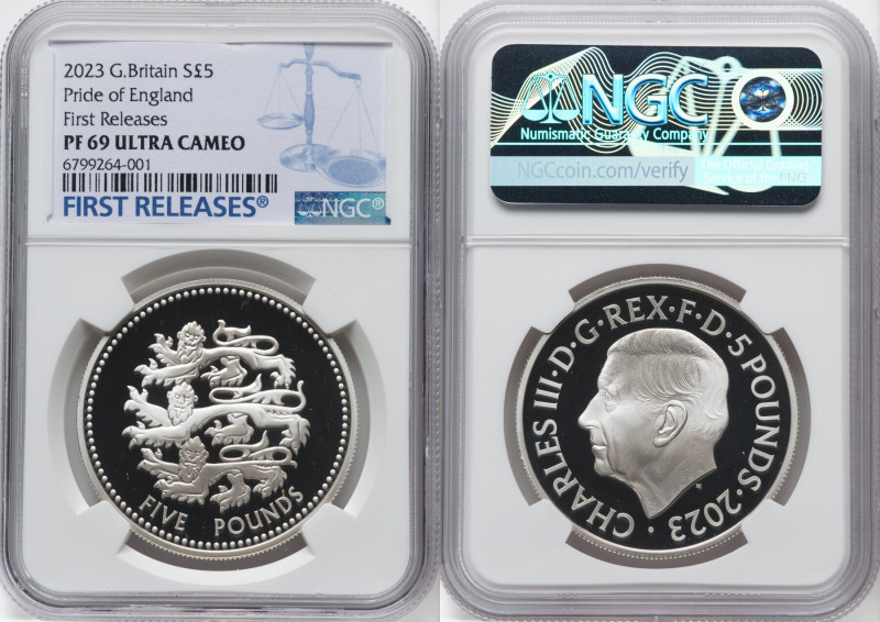 Charles III silver Proof "Pride of England" 5 Pounds 2023 PR69 Ultra Cameo NGC, ...