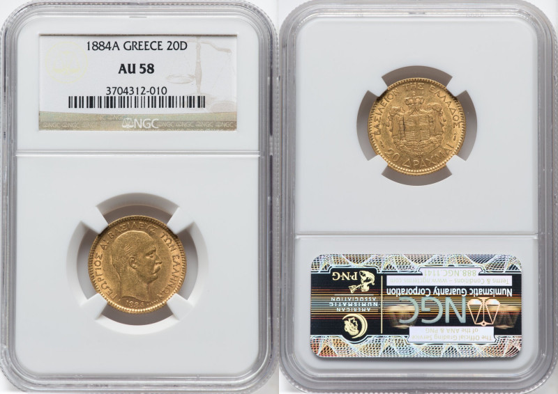 George I gold 20 Drachmai 1884-A AU58 NGC, Paris mint, KM56. One year type. HID0...