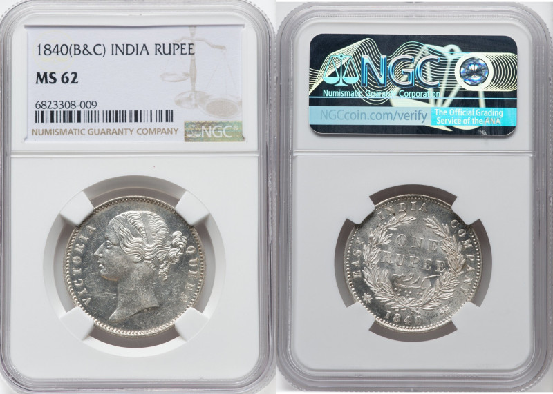 British India. Victoria Rupee 1840-(b & c) MS62 NGC, Bombay & Calcutta mint, KM4...