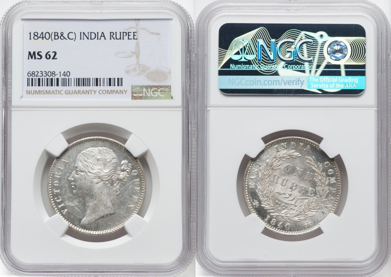 British India. Victoria Rupee 1840-(b & c) MS62 NGC, Bombay & Calcutta mint, KM4...