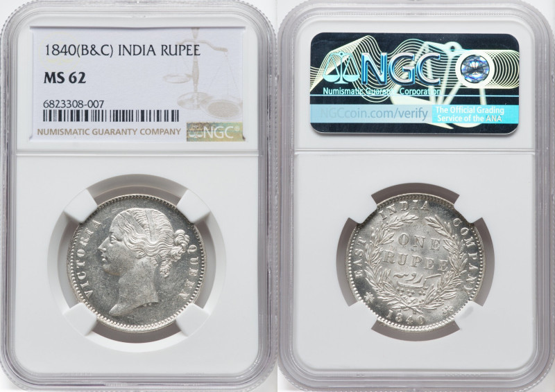 British India. Victoria Rupee 1840-(b & c) MS62 NGC, Bombay & Calcutta mint, KM4...