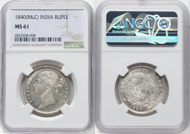 British India. Victoria Rupee 1840-(b & c) MS61 NGC, Bombay & Calcutta mint, KM4...