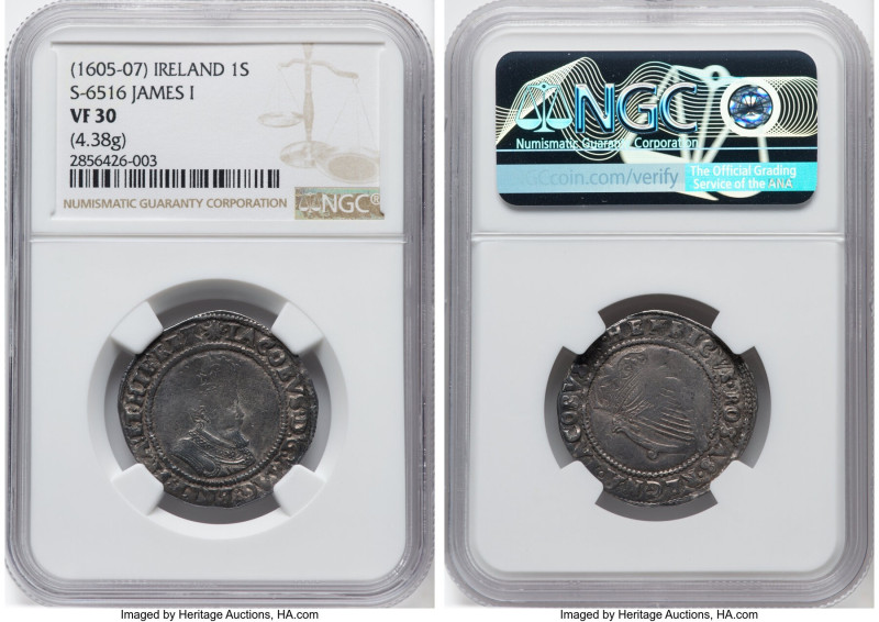 James I Shilling ND (1605-1607) VF30 NGC, Tower mint, Escallop mm, Second Coinag...