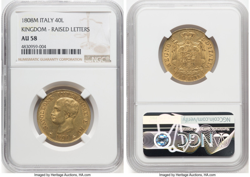 Kingdom of Napoleon. Napoleon gold 40 Lire 1808-M AU58 NGC, Milan mint, KM12, Fr...