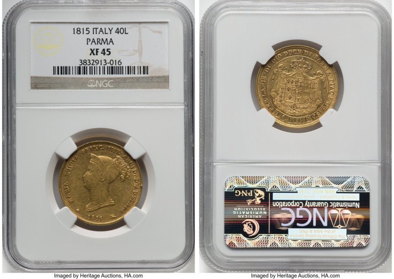 Parma. Maria Luigia gold 40 Lire 1815 XF45 NGC, Milan mint, KM-C32, Fr-933. Two ...