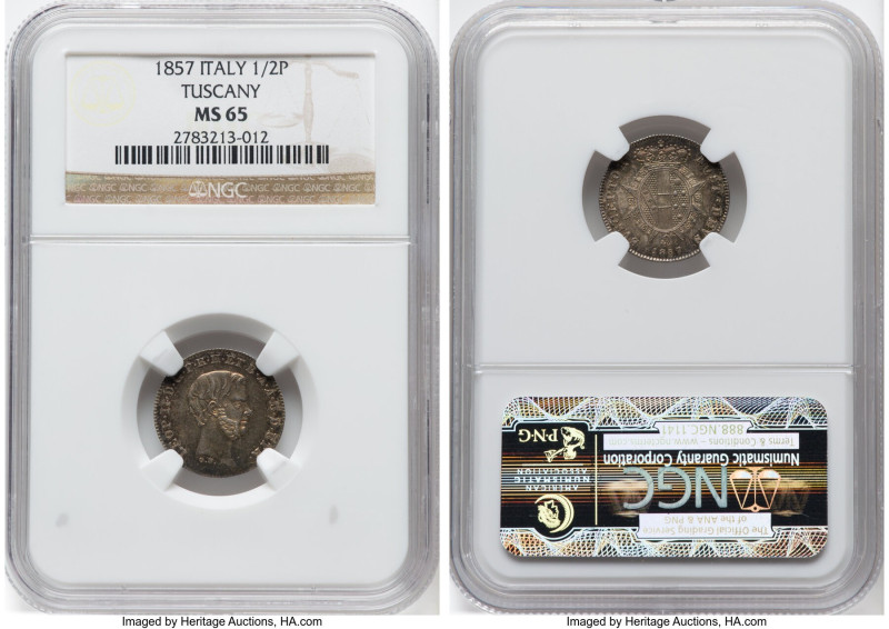 Tuscany. Leopold II 1/2 Paolo 1857 MS65 NGC, Florence mint, KM-C68a. HID09801242...