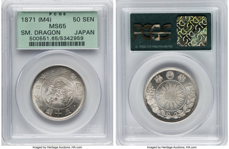 Meiji 50 Sen Year 4 (1871) MS65 PCGS, Osaka mint, KM-Y4.1a, JNDA-01-13A. Small t...