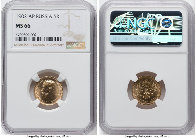 Nicholas II gold 5 Roubles 1902-AP MS66 NGC, St. Petersburg mint, KM-Y62, Fr-180...