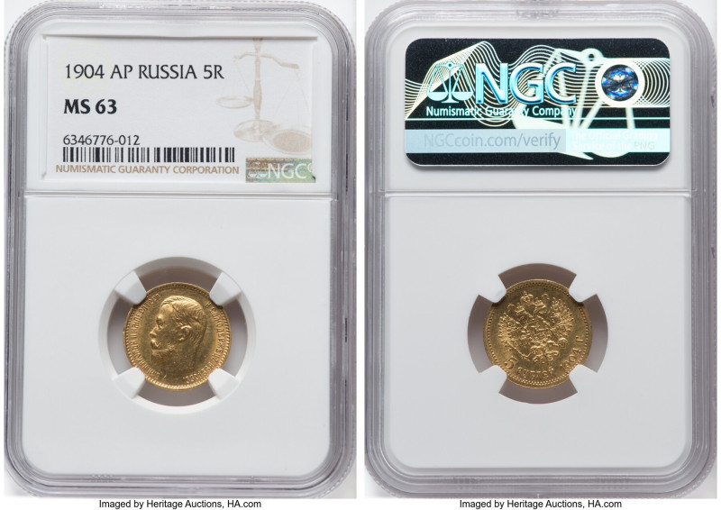 Nicholas II gold 5 Roubles 1904-AP MS63 NGC, St. Petersburg mint, KM-Y62, Fr-180...