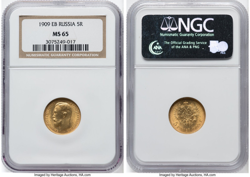 Nicholas II gold 5 Roubles 1909-ЭБ MS65 NGC, St. Petersburg mint, KM-Y62, Fr-180...