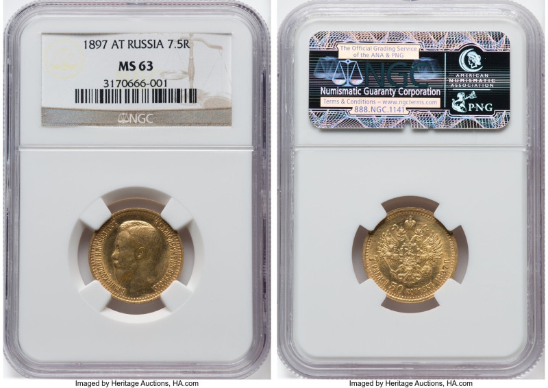 Nicholas II gold 7 Roubles 50 Kopecks 1897-AГ MS63 NGC, St. Petersburg mint, KM-...