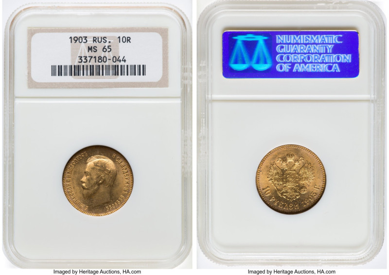 Nicholas II gold 10 Roubles 1903-AP MS65 NGC, St. Petersburg mint, KM-Y64, Fr-17...