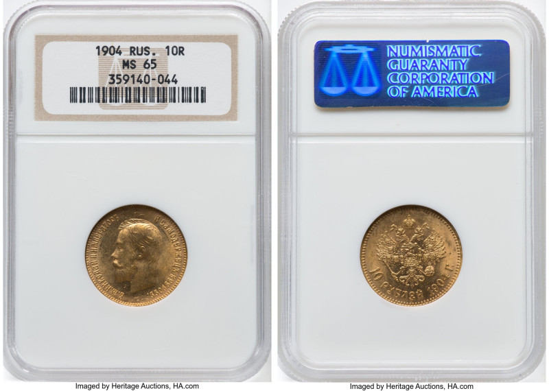 Nicholas II gold 10 Roubles 1904-AP MS65 NGC, St. Petersburg mint, KM-Y64, Fr-17...