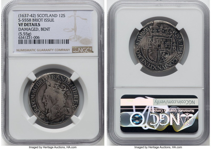 Charles I 12 Shillings ND (1637-1642) VF Details (Damaged, Bent) NGC, Edinburgh ...