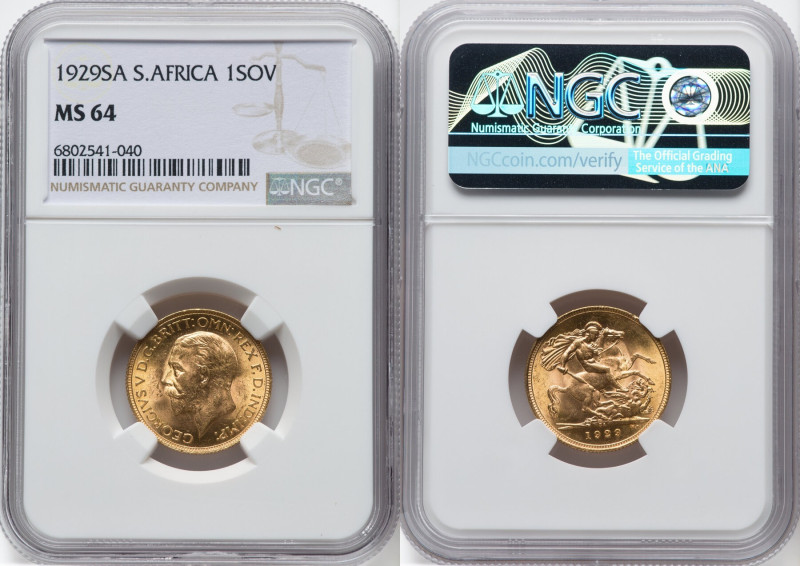 George V gold Sovereign 1929-SA MS64 NGC, Pretoria mint, KM-A22, S-4005. HID0980...