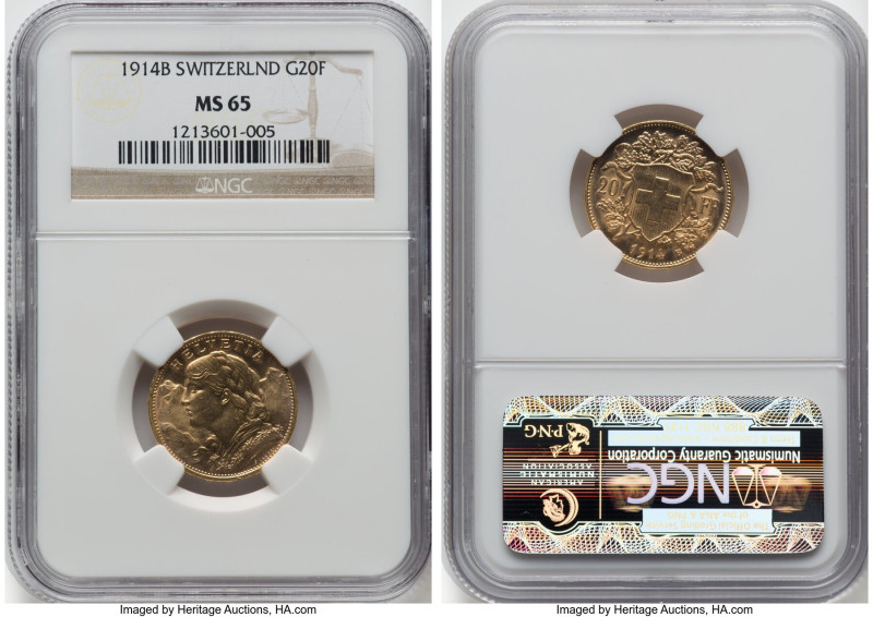 Confederation gold 20 Francs 1914-B MS65 NGC, Bern mint, KM35.1. HID09801242017 ...