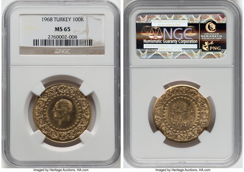 Republic gold "Monnaie De Luxe" 100 Kurush 1968 MS65 NGC, Istanbul mint, KM872. ...