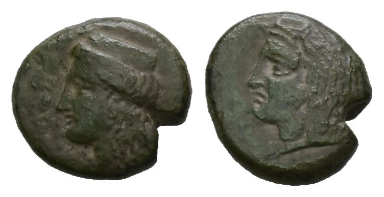 Sicily, Thermai Himerenses. Ae, 7.43 g 20.33 mm. Circa 407-406 BC.
Obv: Head of ...