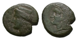 Sicily, Thermai Himerenses. Ae, 7.43 g 20.33 mm. Circa 407-406 BC.
Obv: Head of Hera left, wearing stephane.
Rev: Head of Herakles left, wearing lion ...