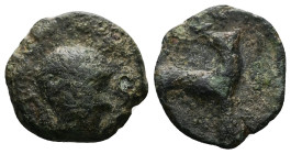 Sicily, Eryx. Ae Onkia, 0.95 g 10.93 mm. Circa 412-409 BC. 
Obv: Head of young male right 
Rev: Hound standing right, head left. 
Ref: Campana 39; CNS...