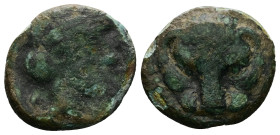 Bruttium, Rhegion. Ae, 1.44 g 12.19 mm. Circa 415/0-387 BC. 
Obv: Laureate head of Apollo right; blundered ethnic to right 
Rev: Facing lion mask. 
Re...