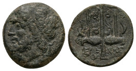 Sicily. Syracuse. Hieron II. Ae, 5.97 g 20.10 mm. 275-215 BC.
Obv: Diademed head of Poseidon left 
Rev: IEPΩNOΣ; ornate trident head, flanked by two d...