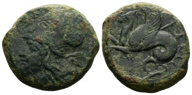 Sicily, Syracuse. Ae, 6.24 g 18.01 mm. Time of Dionysios I. circa 405-367 BC. 
Obv: Head of Athena to left, wearing laureate Corinthian helmet; [ΣΥΡΑ]...