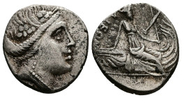 Euboia, Histiaia. AR Diobol, 1.45 g 12.34 mm. 3rd-2nd centuries BC.
Obv: Wreathed head of nymph Histiaia right.
Rev: Nymph seated right on galley, hol...