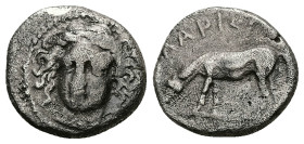 Thessaly. Larissa. AR Drachm, 5.54 g 18.93 mm. Circa 400-370 BC.
Obv: Head of the nymph Larissa facing slightly left.
Rev: ΛΑΡΙΣΑI. Horse grazing left...