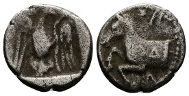Kings of Thrace (Odrysian). Sparadokos. AR Diobol, 1.22 g 11.01 mm. Circa 450-440 BC. 
Obv: ΣΠA. Forepart of horse left.
Rev: Eagle flying right, hold...